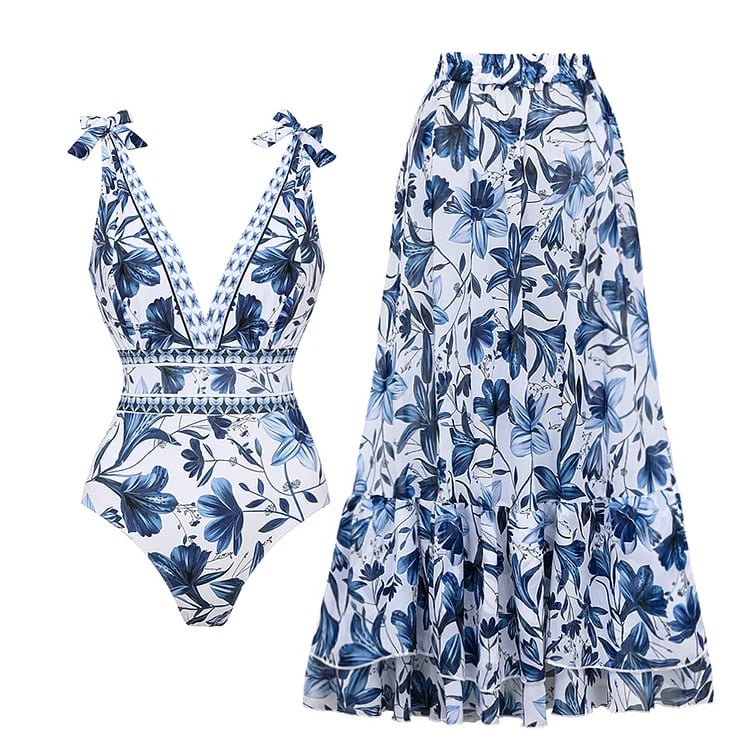 Dbvacay Floral Print One-Piece Swimsuit Set