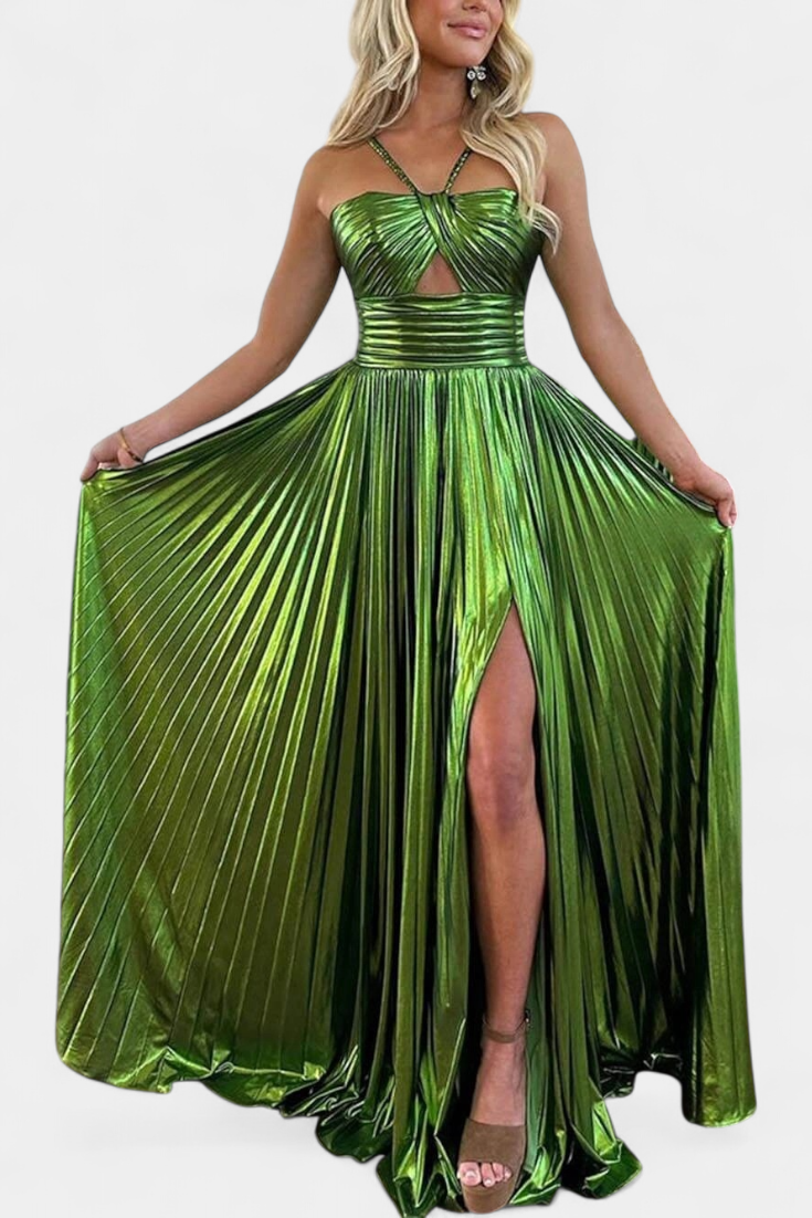 Aikaterini Metallic Maxi Dress with Cross Neck and Slit