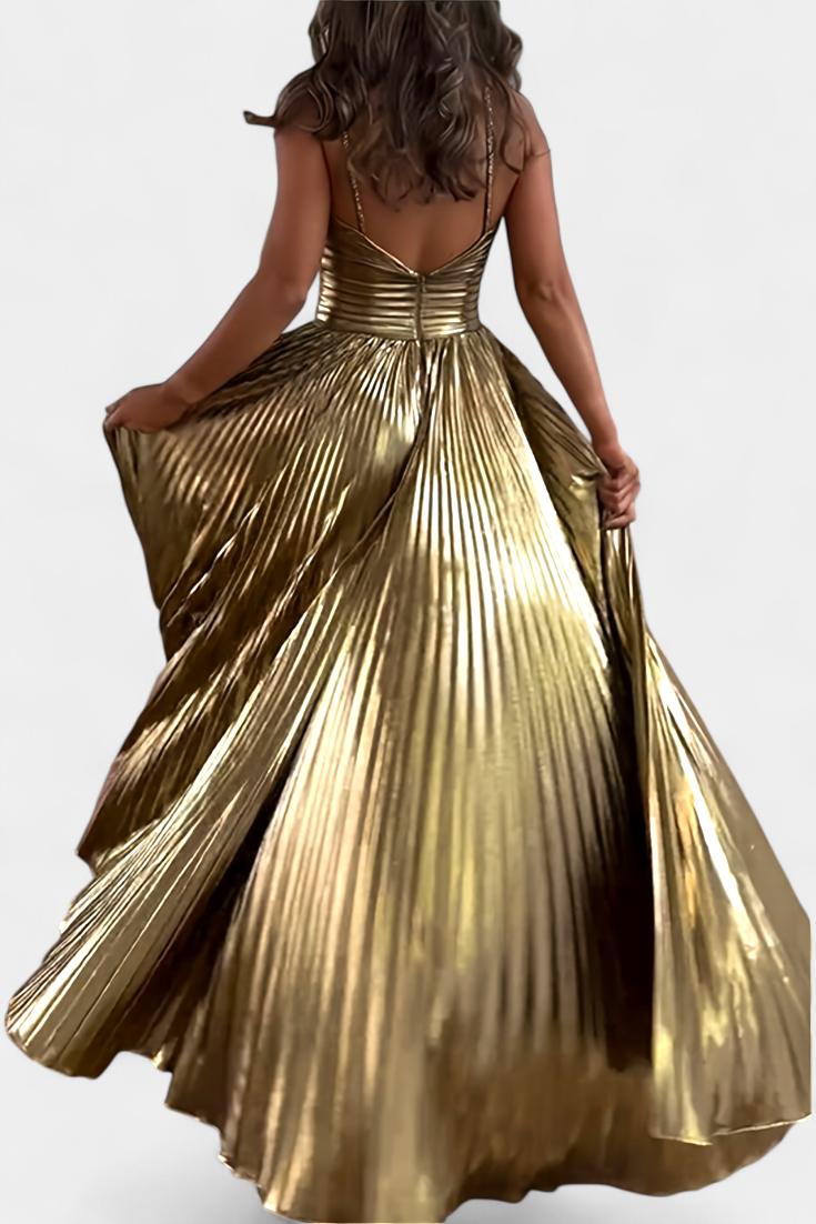 Aikaterini Metallic Maxi Dress with Cross Neck and Slit