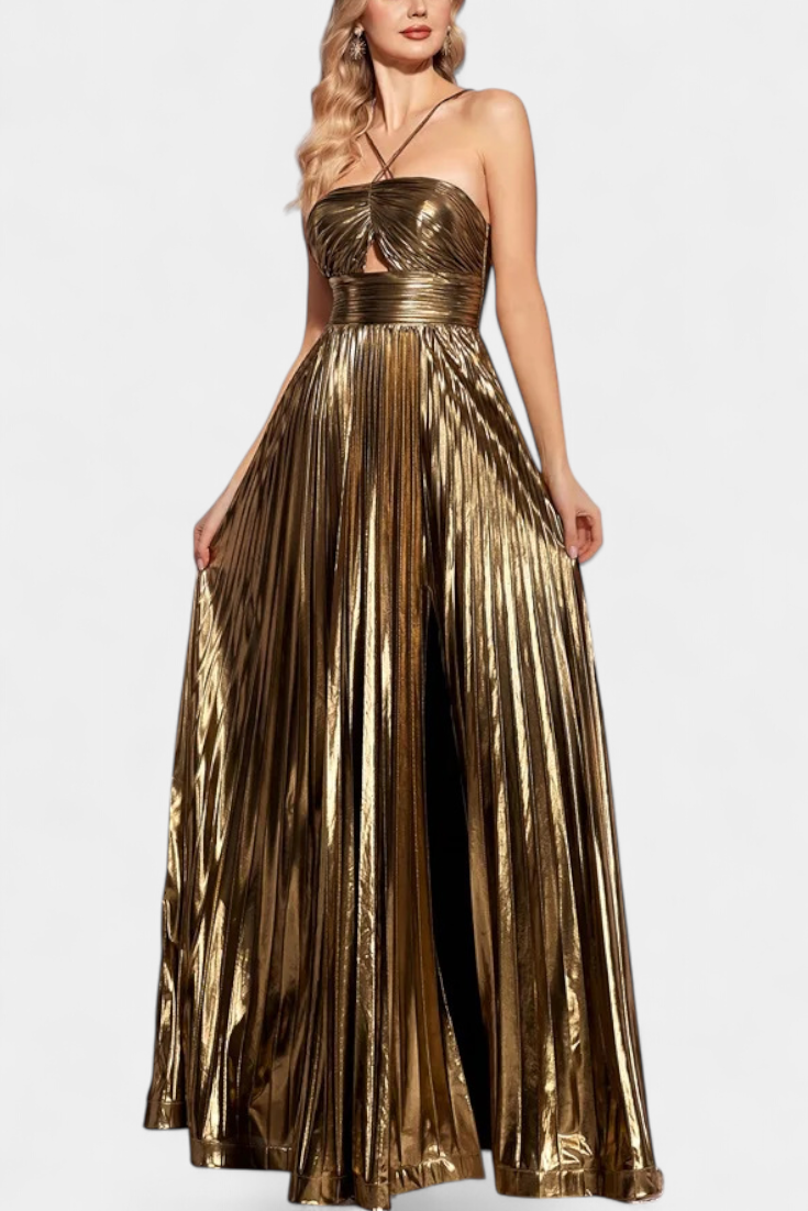 Aikaterini Metallic Maxi Dress with Cross Neck and Slit