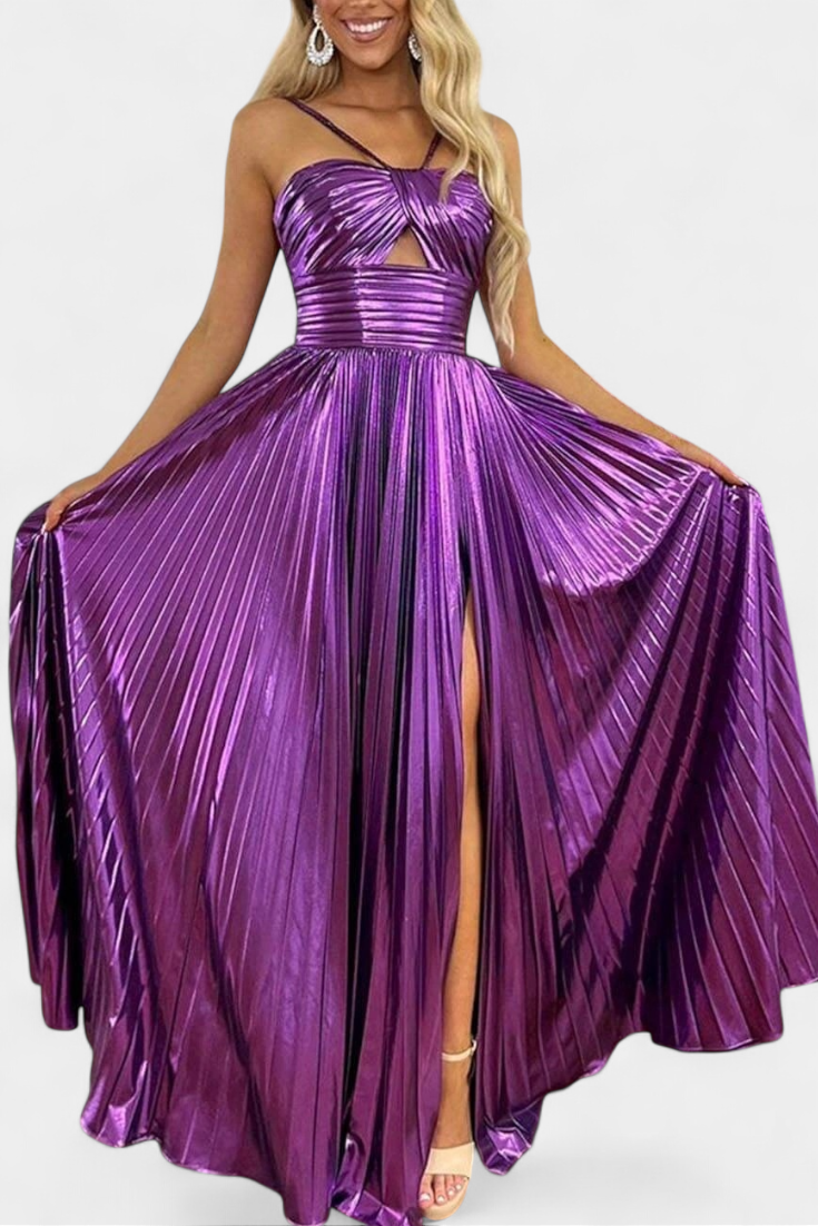 Aikaterini Metallic Maxi Dress with Cross Neck and Slit